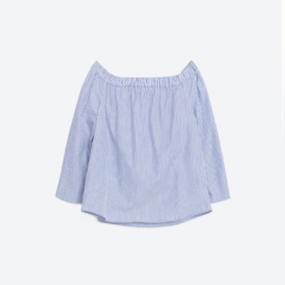 Zara Blue White Woman Poplin Stripped Off Shoulder - Picture 2 of 4